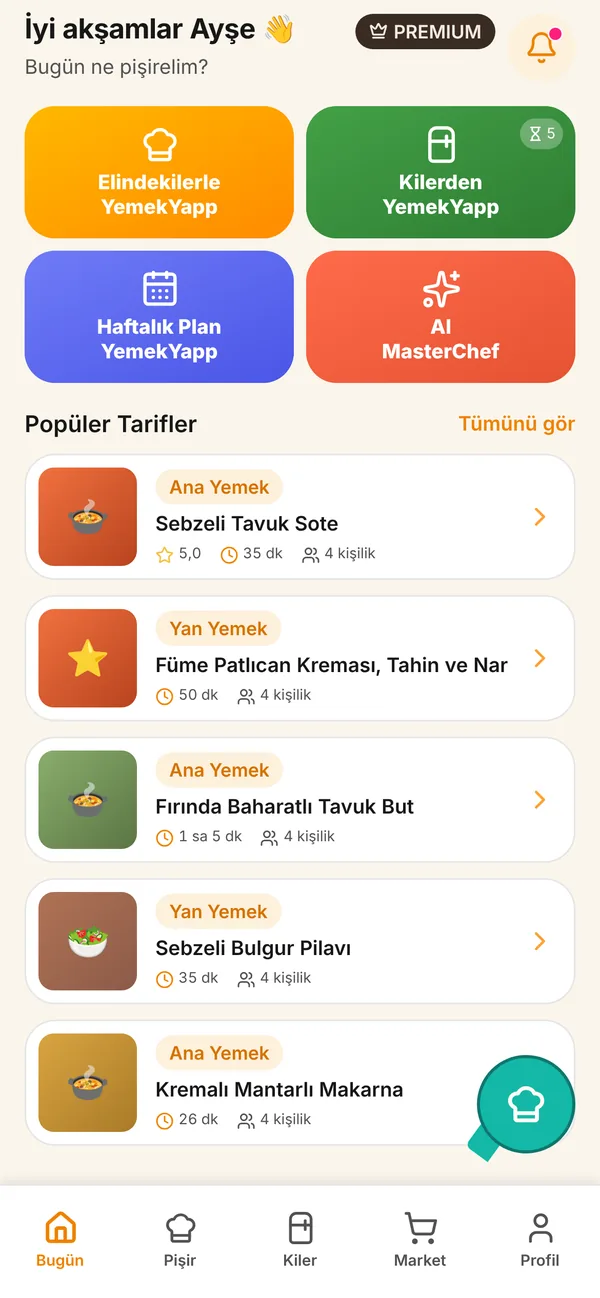 YemekYapp ana ekranı: Elindekilerle, Kilerden, Haftalık Plan ve AI MasterChef kutuları ile popüler tarifler