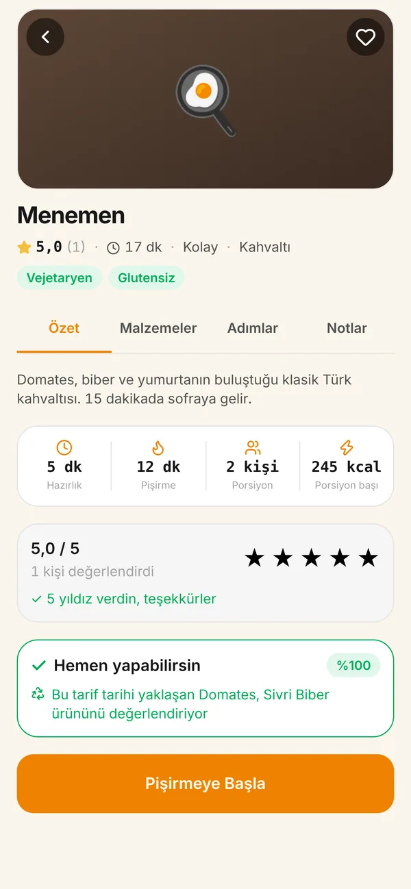 YemekYapp tarif detayı: Menemen, süre, porsiyon ve Pişirmeye Başla düğmesi